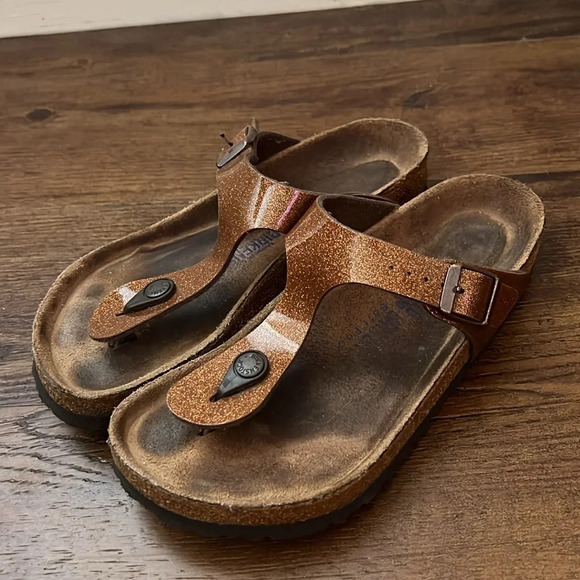 Birkenstock Shoes - Birkenstock Gizeh Thong Sandal Cosmic Sparkle Orange Glitter Patent Sandals 36